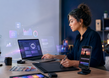 Content creator using AI tools for writing, video editing, design, and analytics in 2026