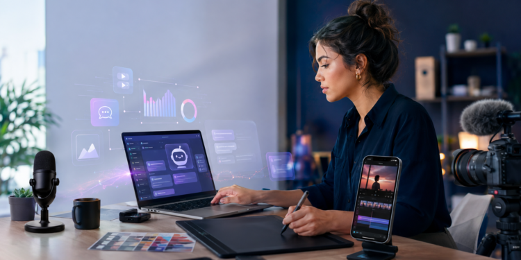 Content creator using AI tools for writing, video editing, design, and analytics in 2026
