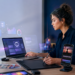 Content creator using AI tools for writing, video editing, design, and analytics in 2026
