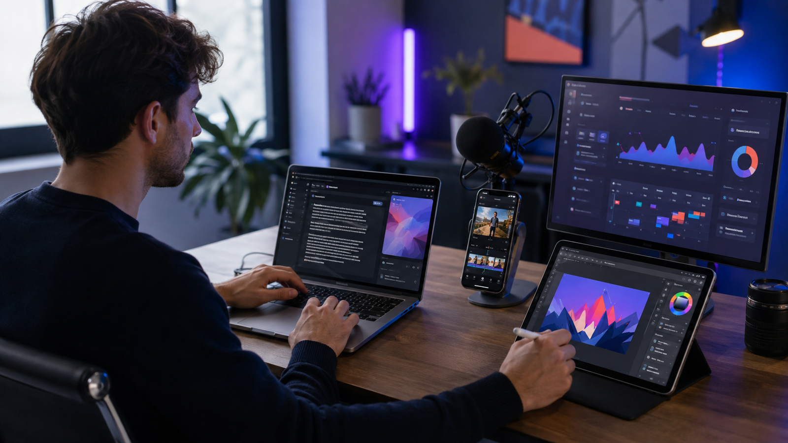 AI-assisted content workflow from idea and script to editing, publishing, and analytics