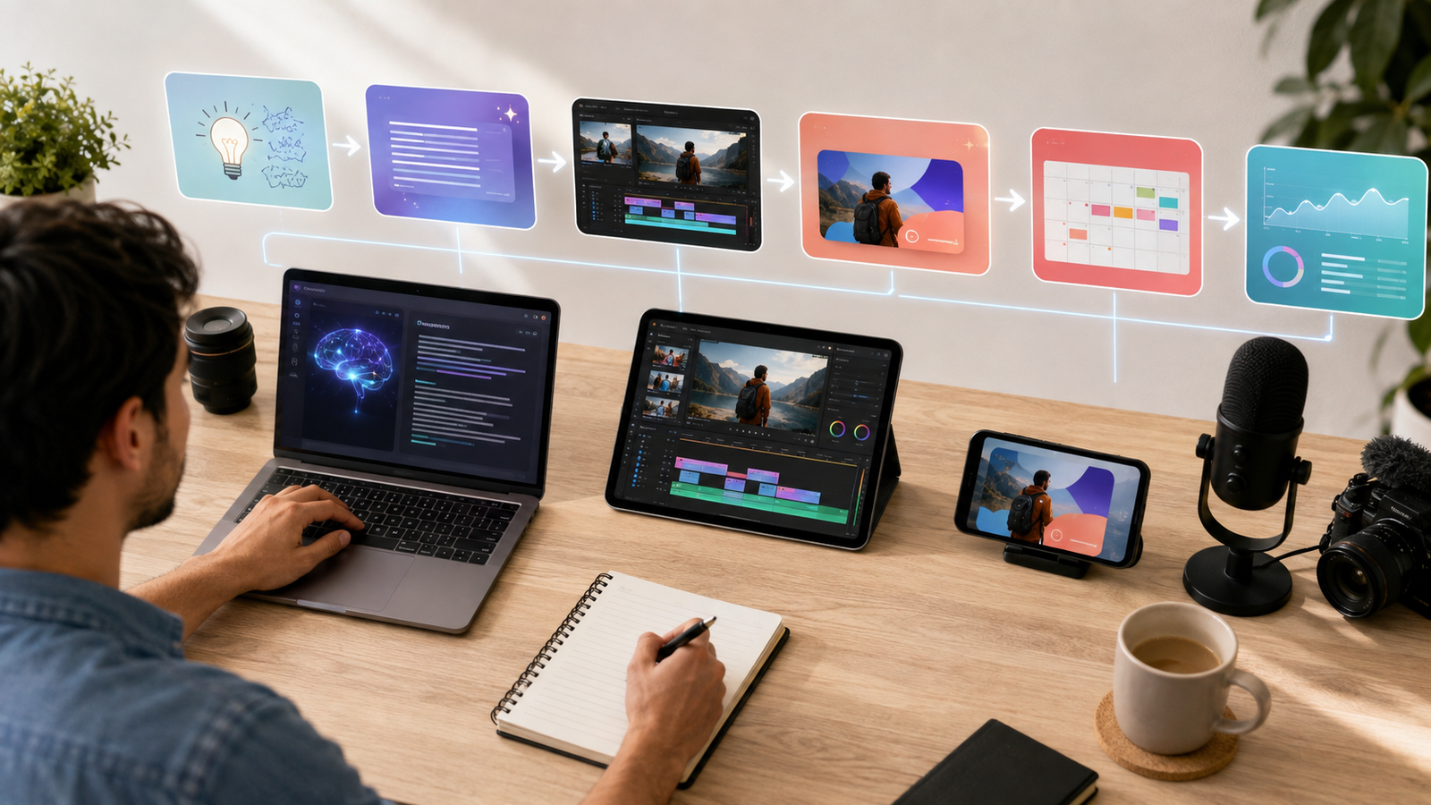Content creator using AI tools for writing, video editing, design, scheduling, and analytics